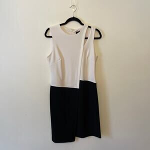 DKNY 4 black white fitted dress colorblock contemporary Corpcore midi pencil